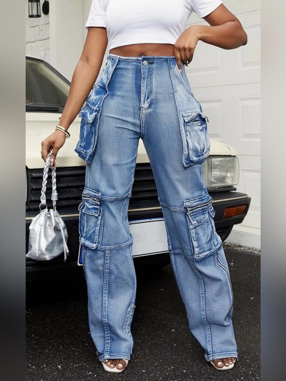 Vaceky Stretch Cargo Straight Leg Side Zipper Slit Denim Jeans Sz M 8-10